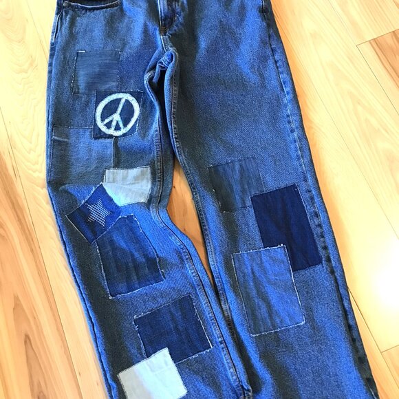 Men’s Patchwork Jeans, Size 34-34: Upcycled Denim 1970s Hippie Boho Retro Pants - Picture 10 of 10
